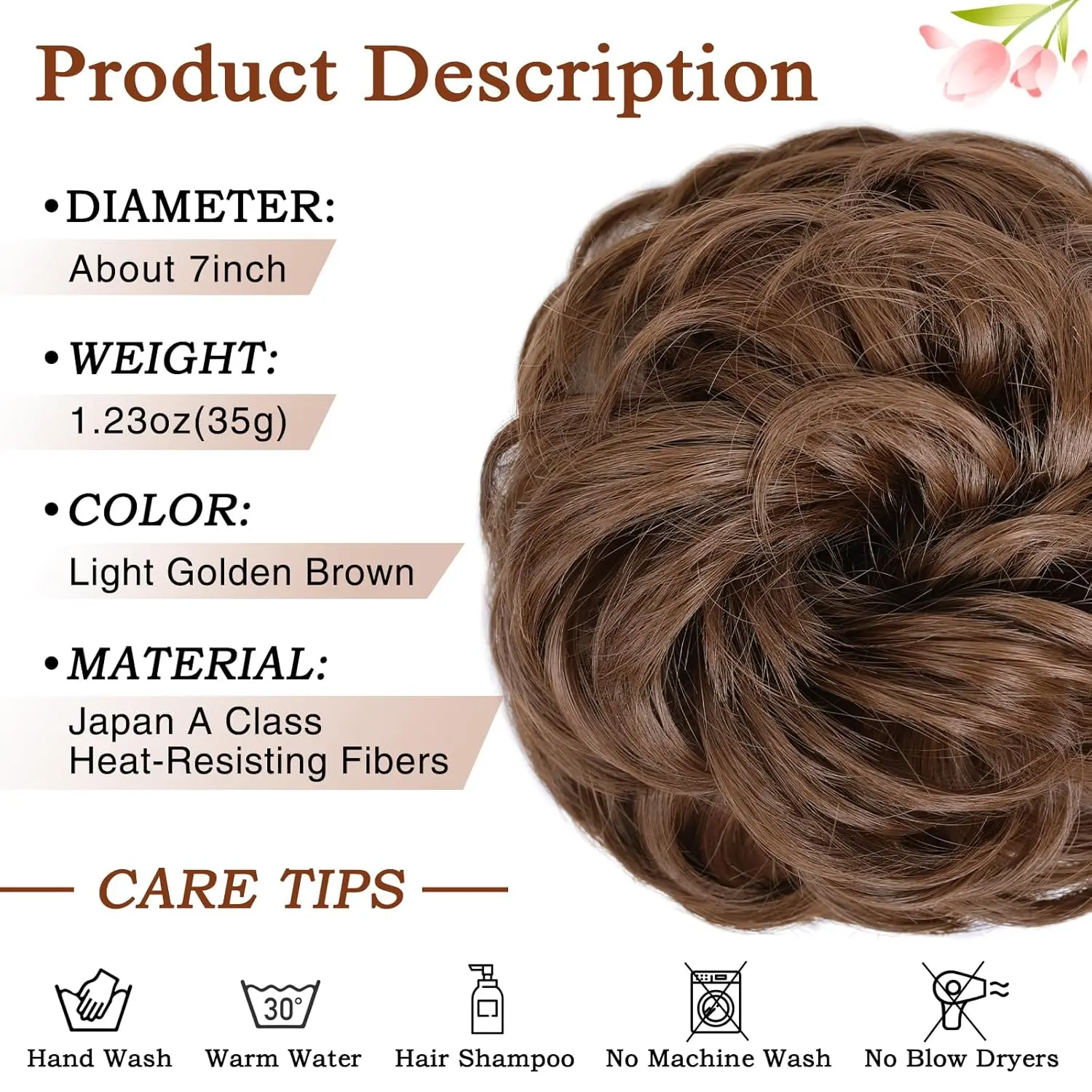 A light golden brown messy bun hairpiece scrunchie is perfect for adding volume to a bun or ponytail, offering an easy and elegant updo.