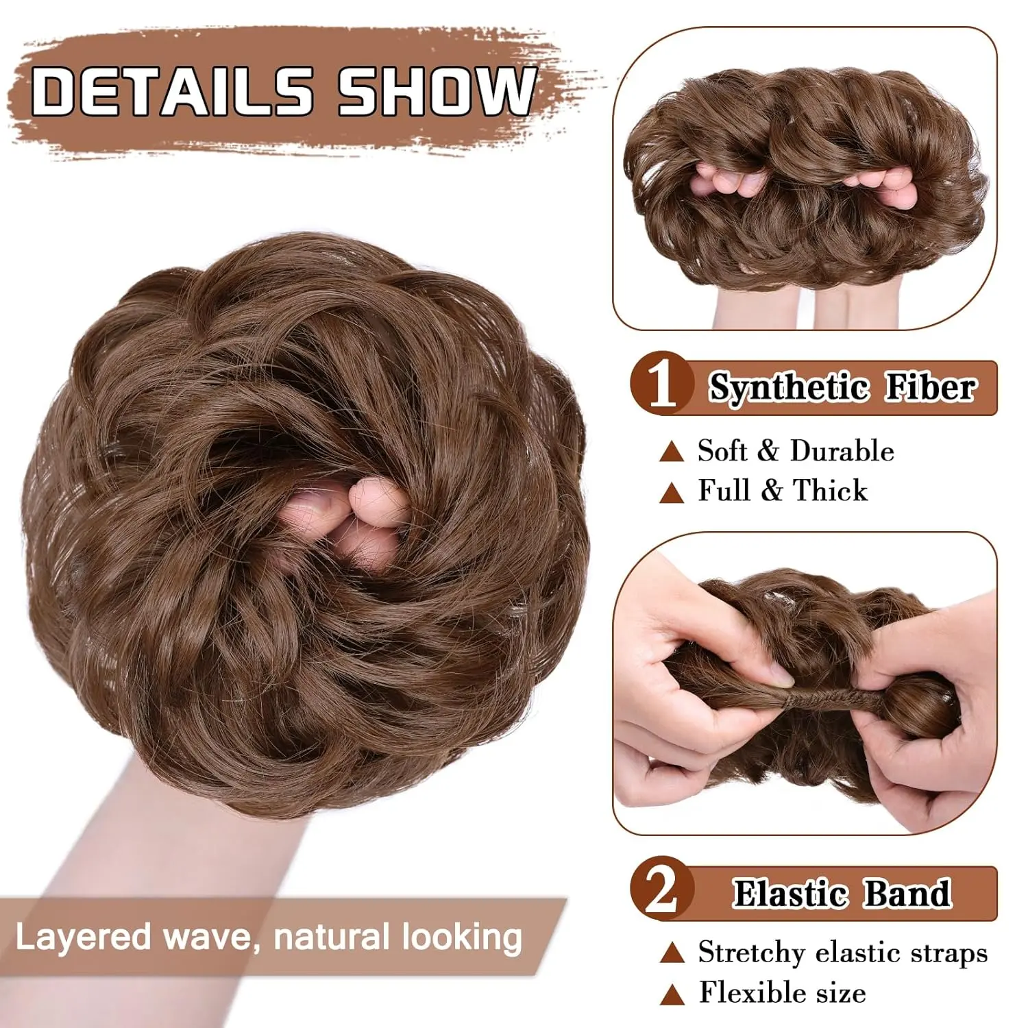 A light golden brown messy bun hairpiece scrunchie is perfect for adding volume to a bun or ponytail, offering an easy and elegant updo.
