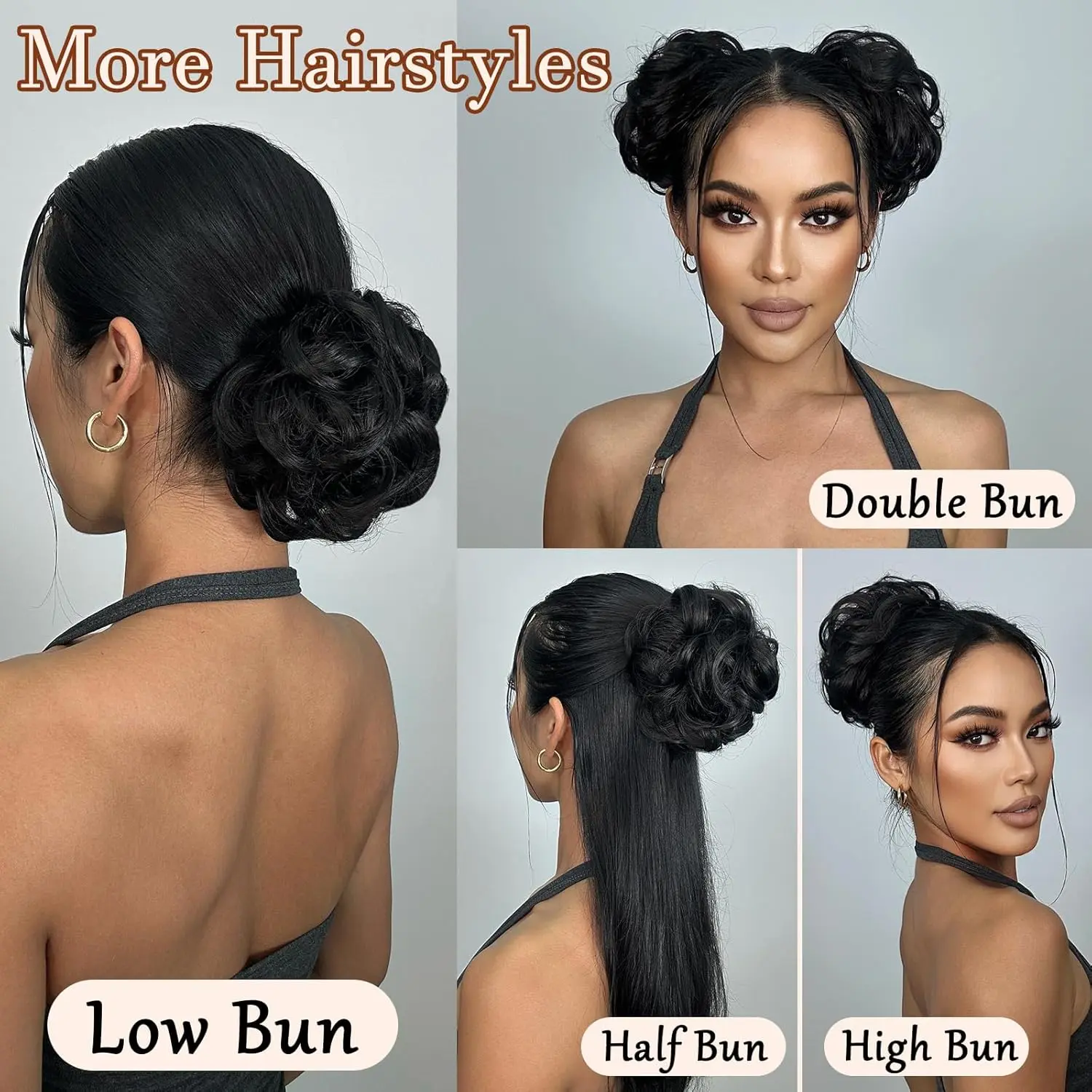 A light golden brown messy bun hairpiece scrunchie is perfect for adding volume to a bun or ponytail, offering an easy and elegant updo.