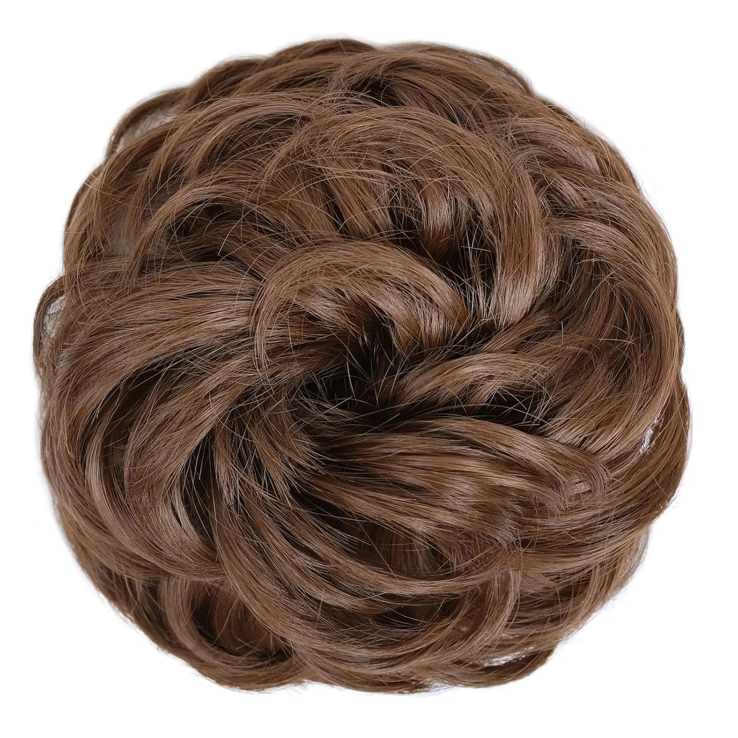 A light golden brown messy bun hairpiece scrunchie is perfect for adding volume to a bun or ponytail, offering an easy and elegant updo.