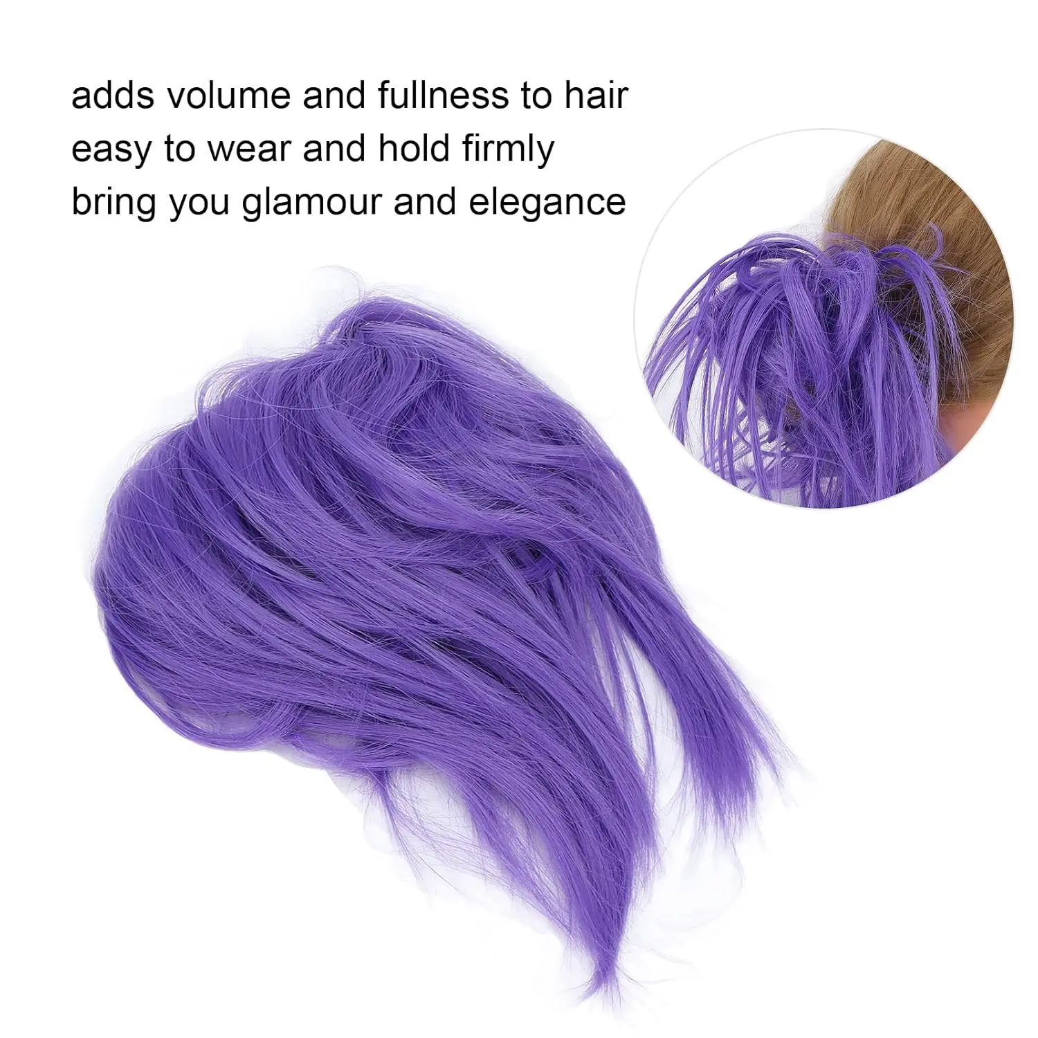 A purple messy bun hairpiece adds volume and fullness to a woman's updo, creating an elegant and stylish look for daily wear or special occasions.