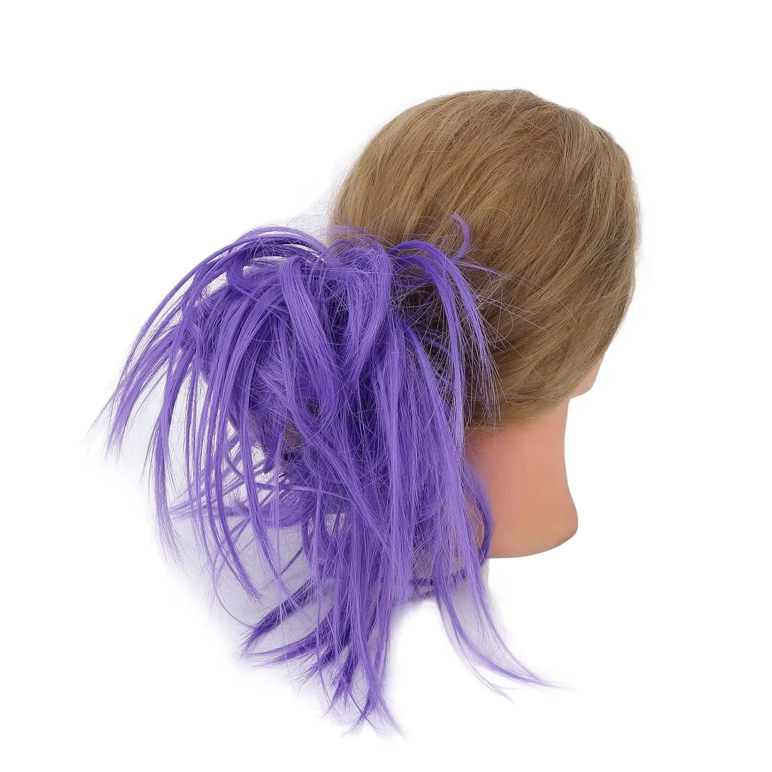 A purple messy bun hairpiece adds volume and fullness to a woman's updo, creating an elegant and stylish look for daily wear or special occasions.