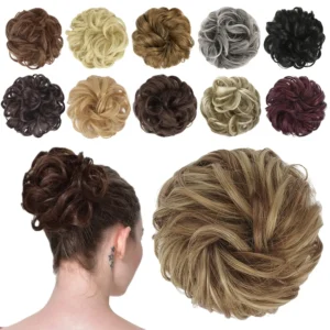 A brown and blonde messy hair bun extension scrunchie adds volume to an updo or ponytail.