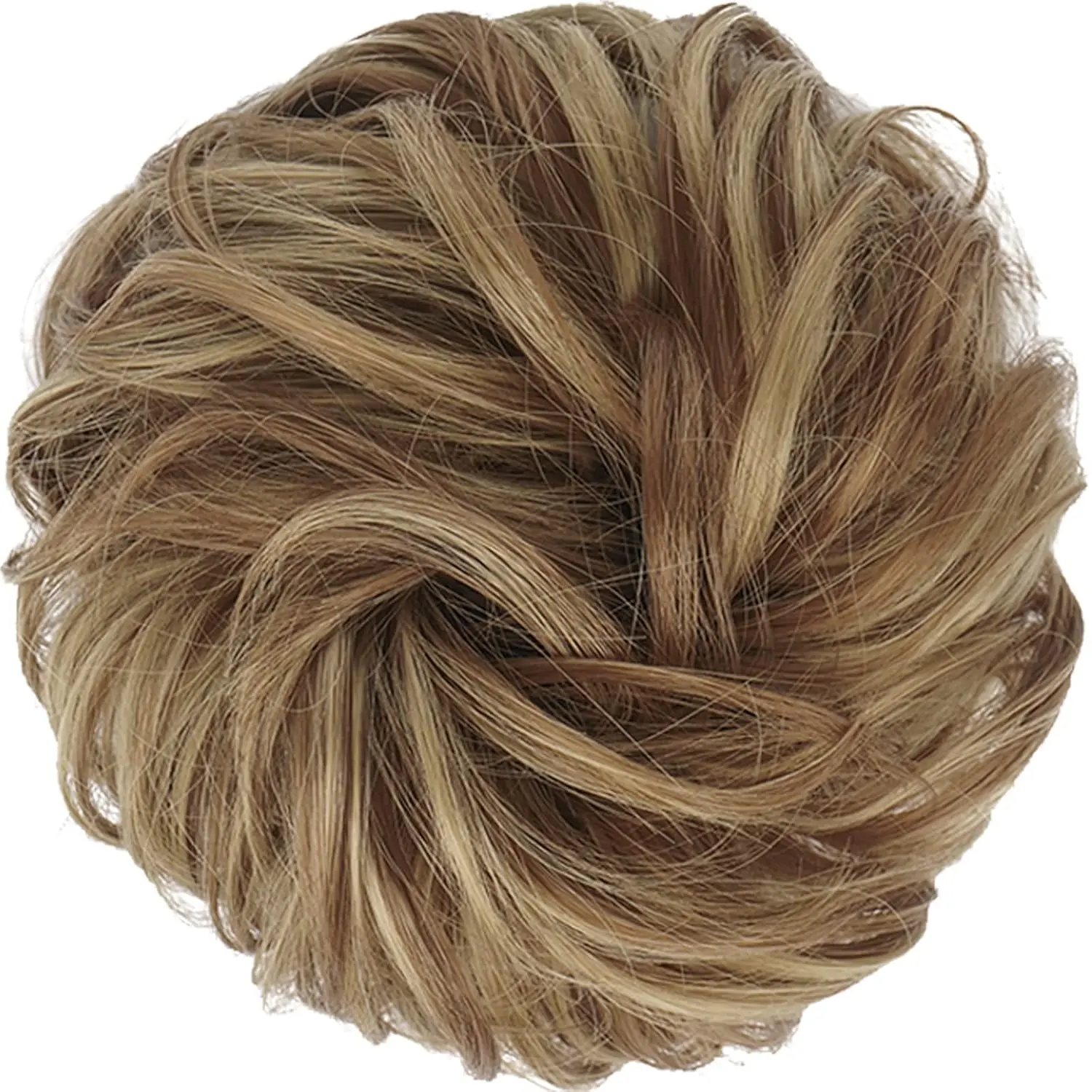 A brown and blonde messy hair bun extension scrunchie adds volume to an updo or ponytail.