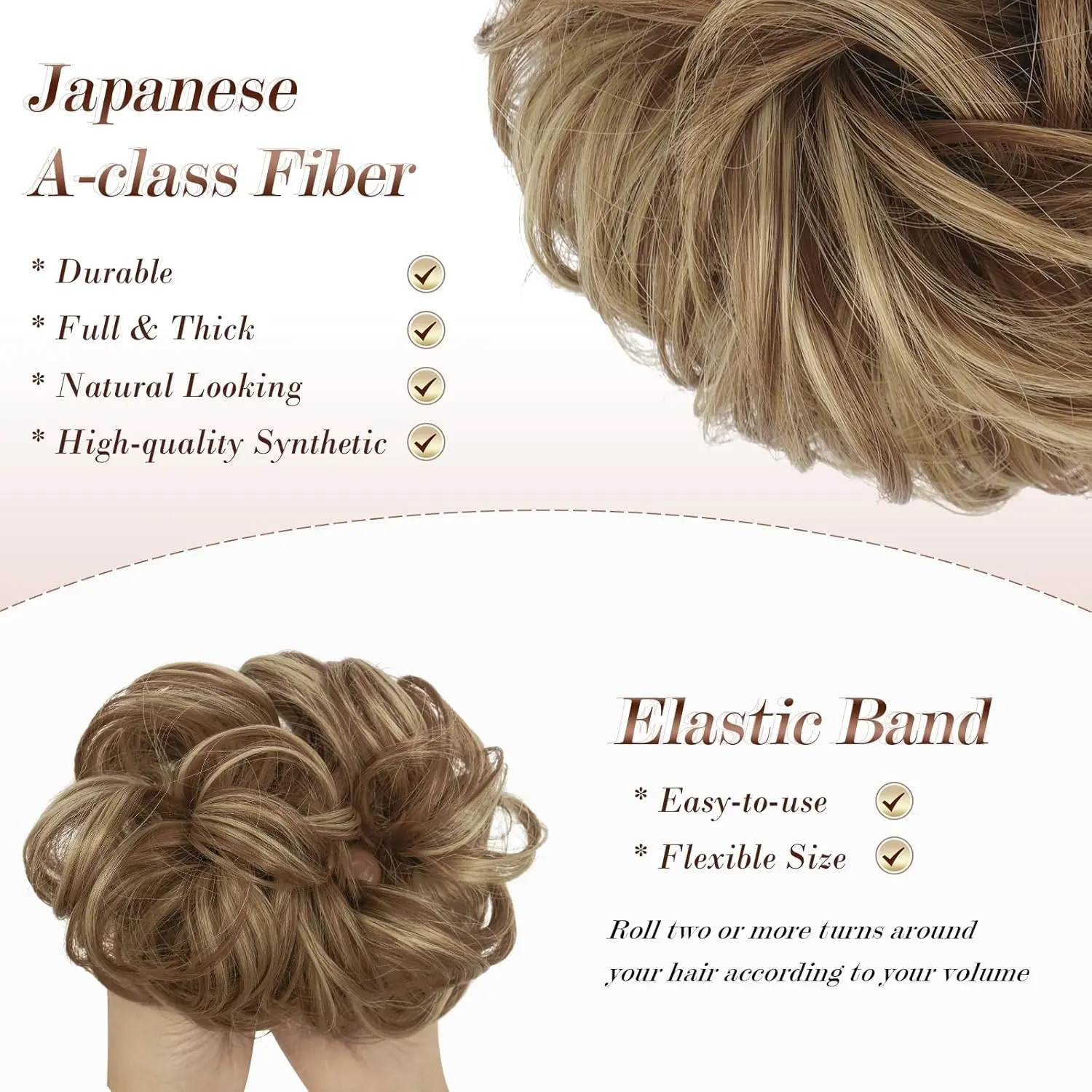 A brown and blonde messy hair bun extension scrunchie adds volume to an updo or ponytail.
