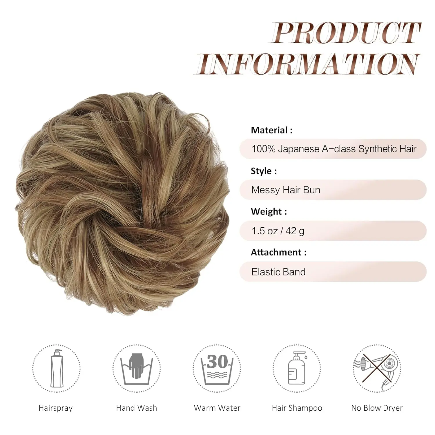 A brown and blonde messy hair bun extension scrunchie adds volume to an updo or ponytail.