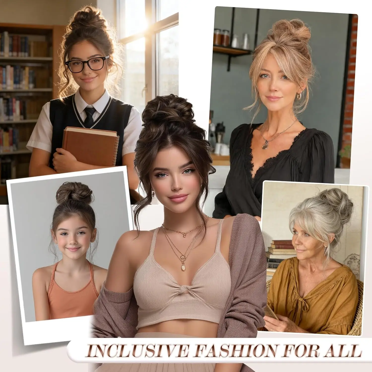 A brown and blonde messy hair bun extension scrunchie adds volume to an updo or ponytail.