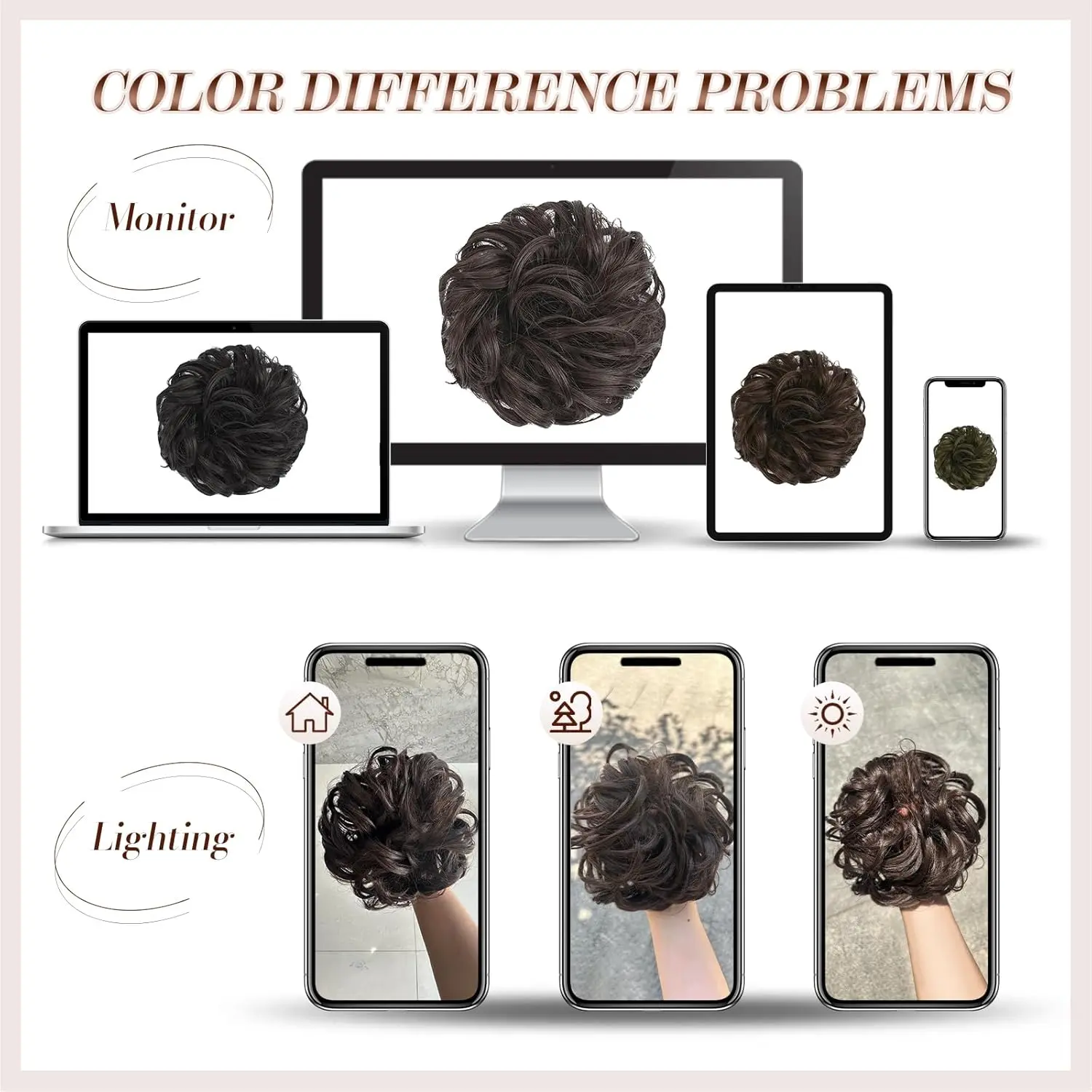 A brown and blonde messy hair bun extension scrunchie adds volume to an updo or ponytail.