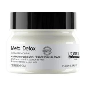 L'Oréal Professionnel Metal Detox Mask protects colored and damaged hair from hard water, adding shine and softness while prolonging salon color vibrancy.