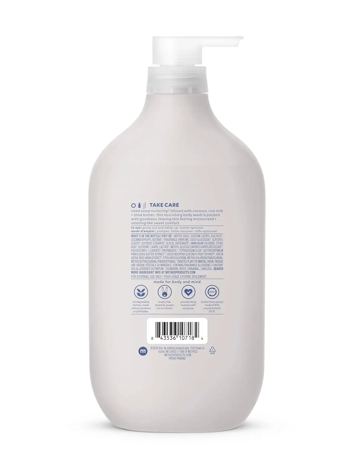 One 28 ounce bottle of Method Simply Nourish body wash infused with coconut, rice milk and shea butter to leave skin moisturized.