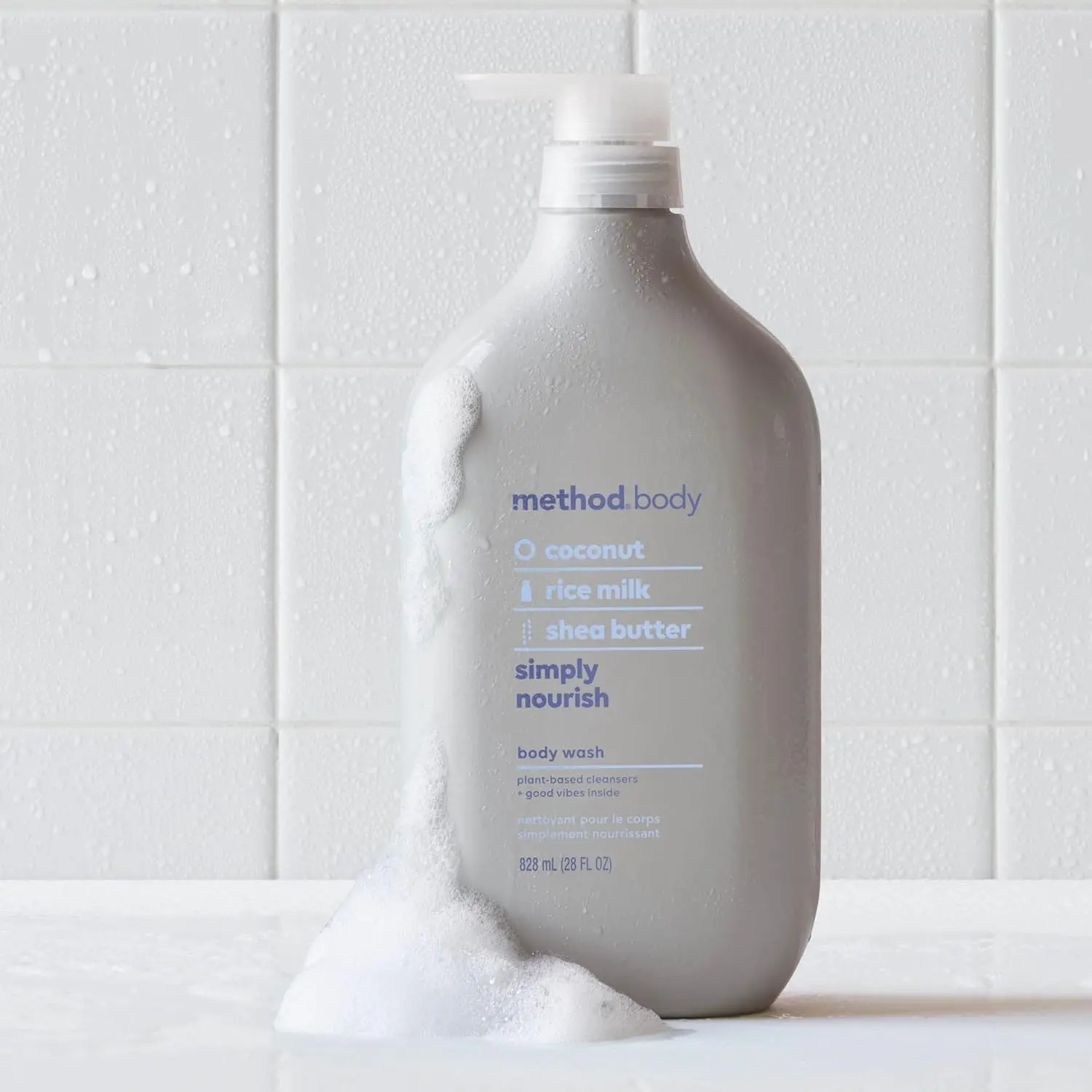 One 28 ounce bottle of Method Simply Nourish body wash infused with coconut, rice milk and shea butter to leave skin moisturized.