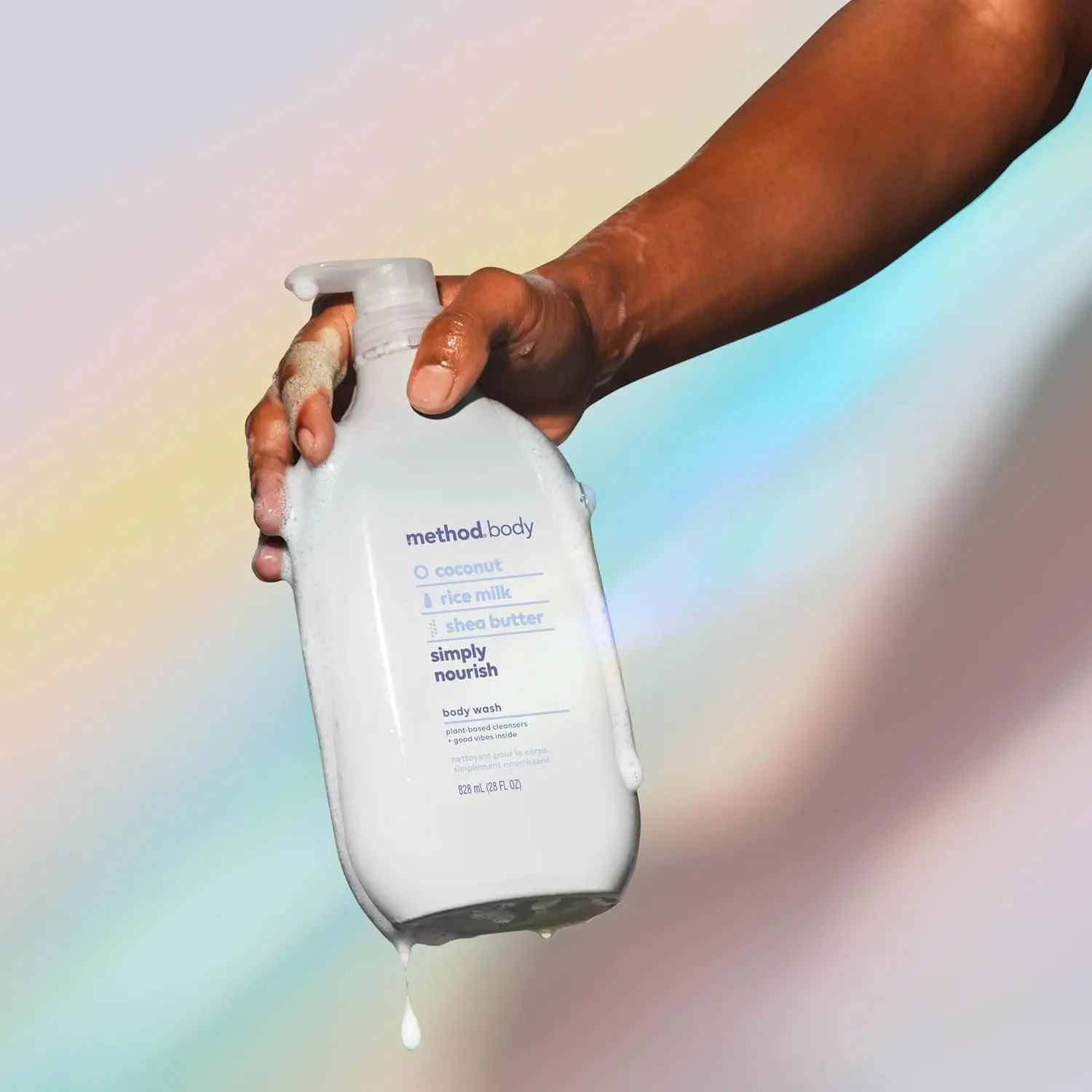 One 28 ounce bottle of Method Simply Nourish body wash infused with coconut, rice milk and shea butter to leave skin moisturized.