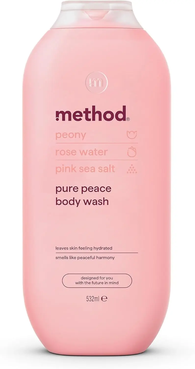 Bottle of Method Pure Peace body wash with peony, rose water, and pink sea salt scent for a refreshing and eco-friendly shower experience.