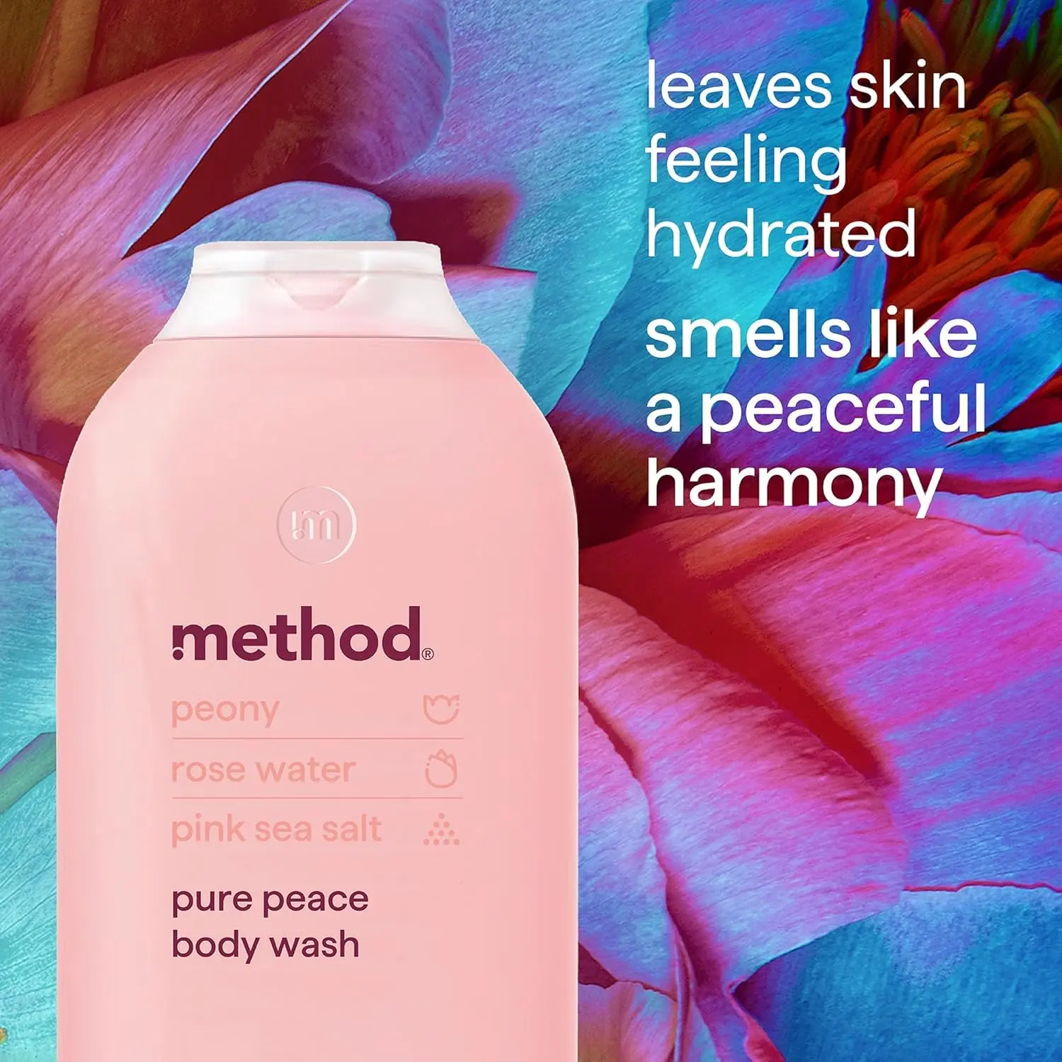 Bottle of Method Pure Peace body wash with peony, rose water, and pink sea salt scent for a refreshing and eco-friendly shower experience.