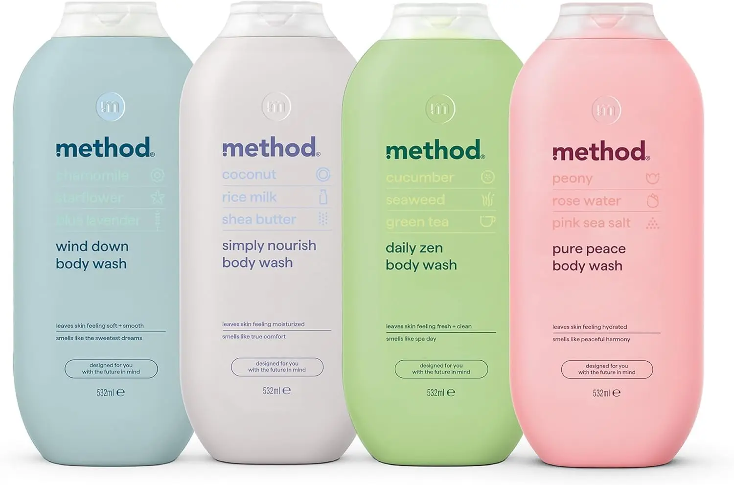 Bottle of Method Pure Peace body wash with peony, rose water, and pink sea salt scent for a refreshing and eco-friendly shower experience.