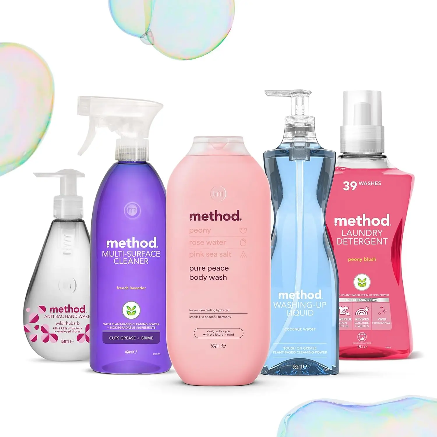 Bottle of Method Pure Peace body wash with peony, rose water, and pink sea salt scent for a refreshing and eco-friendly shower experience.