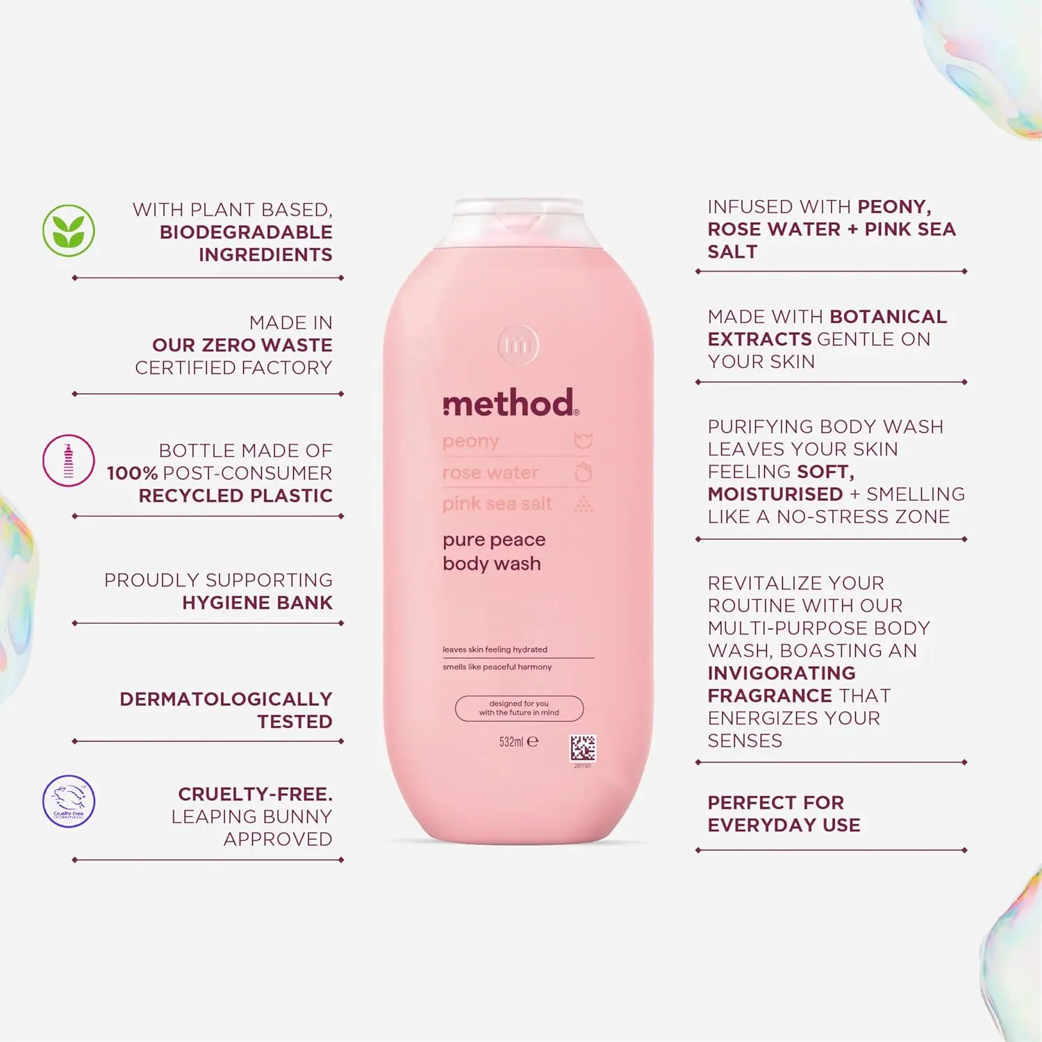 Bottle of Method Pure Peace body wash with peony, rose water, and pink sea salt scent for a refreshing and eco-friendly shower experience.