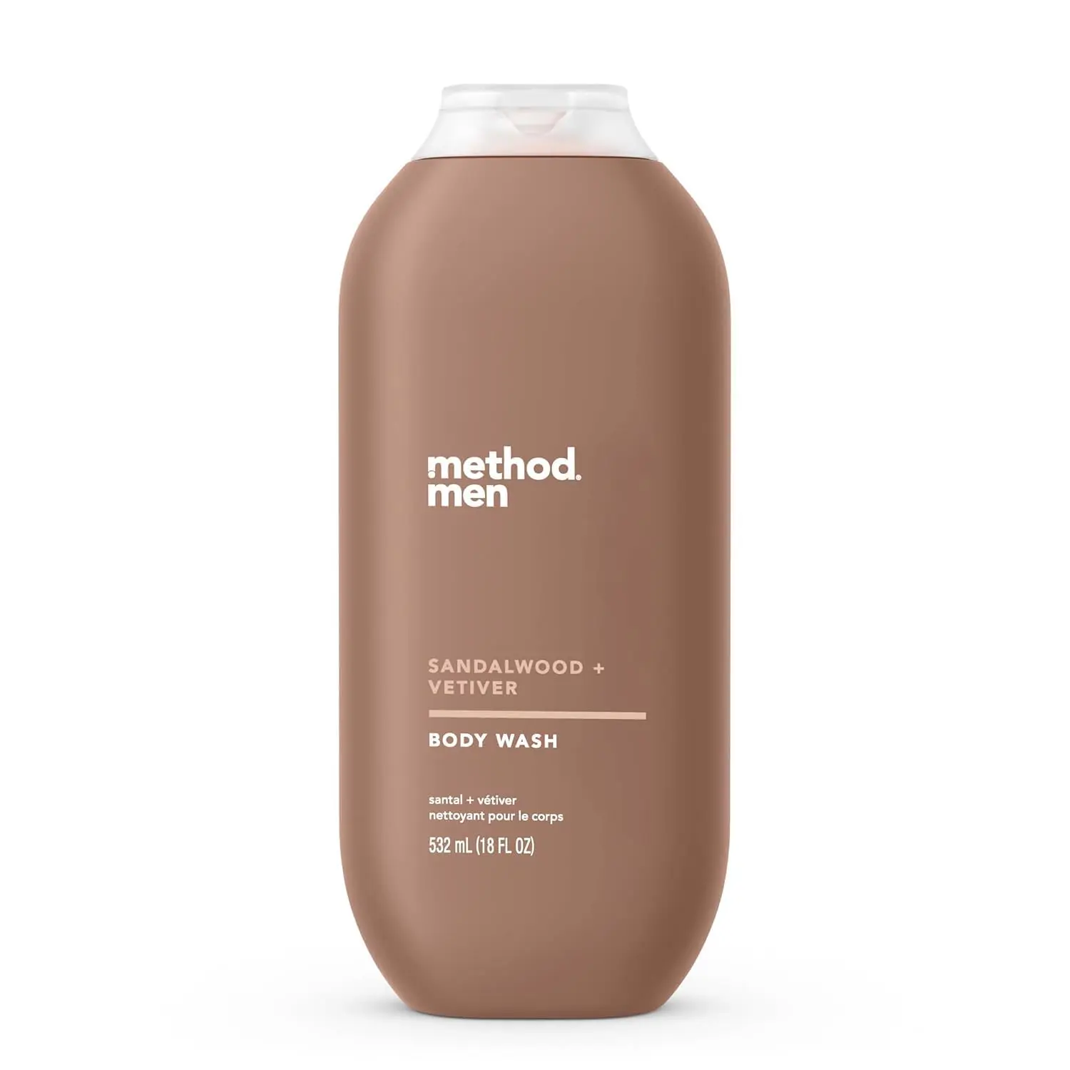 A bottle of Method Men Sandalwood and Vetiver body wash that is cruelty-free, biodegradable, and phthalate-free.
