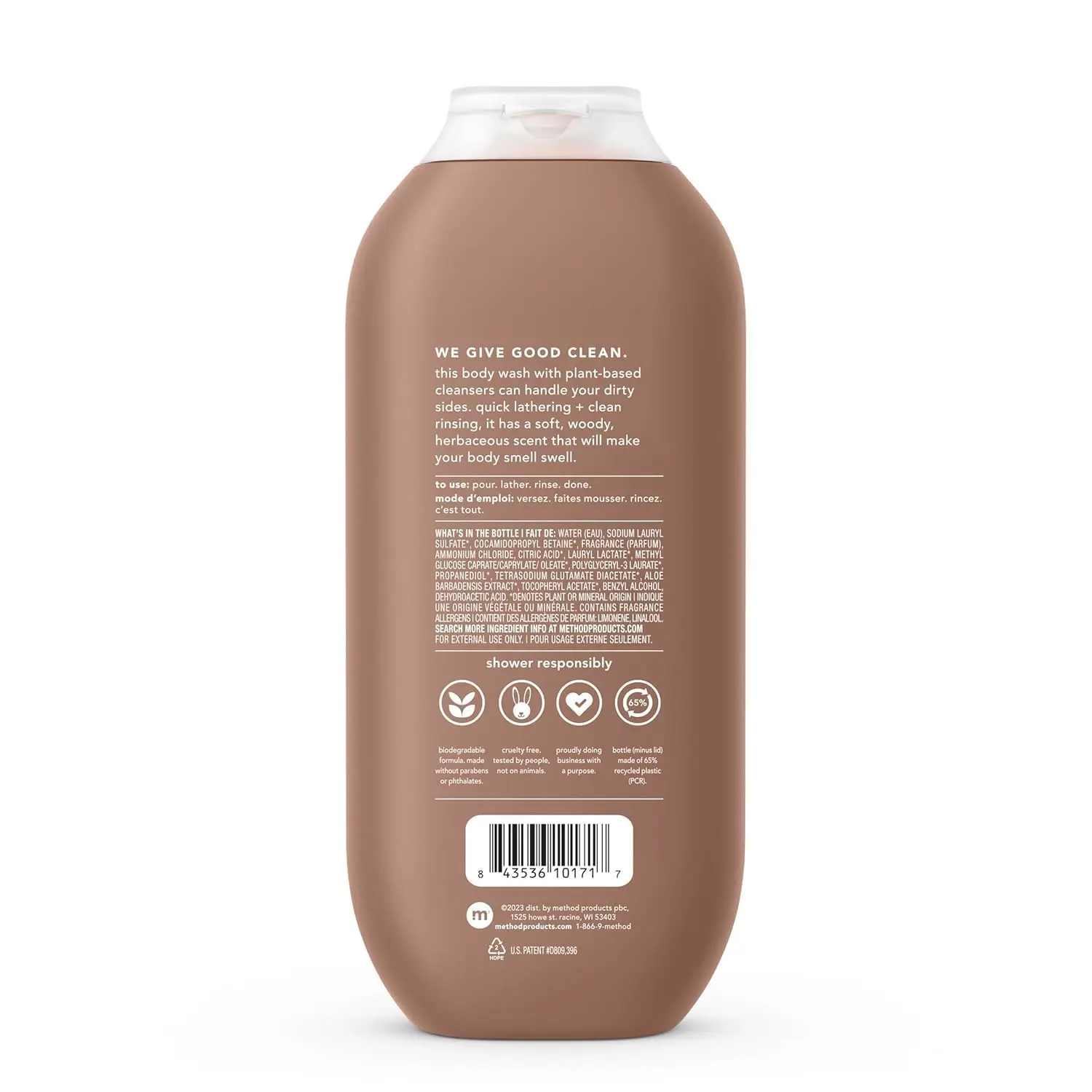 A bottle of Method Men Sandalwood and Vetiver body wash that is cruelty-free, biodegradable, and phthalate-free.