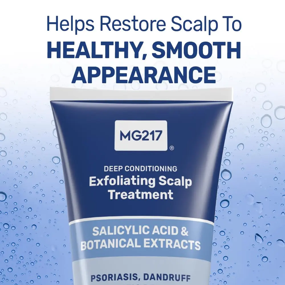 MG217 psoriasis scalp treatment with salicylic acid, hyaluronic acid, and natural oils to soothe, exfoliate, and moisturize for improved skin and hair health.