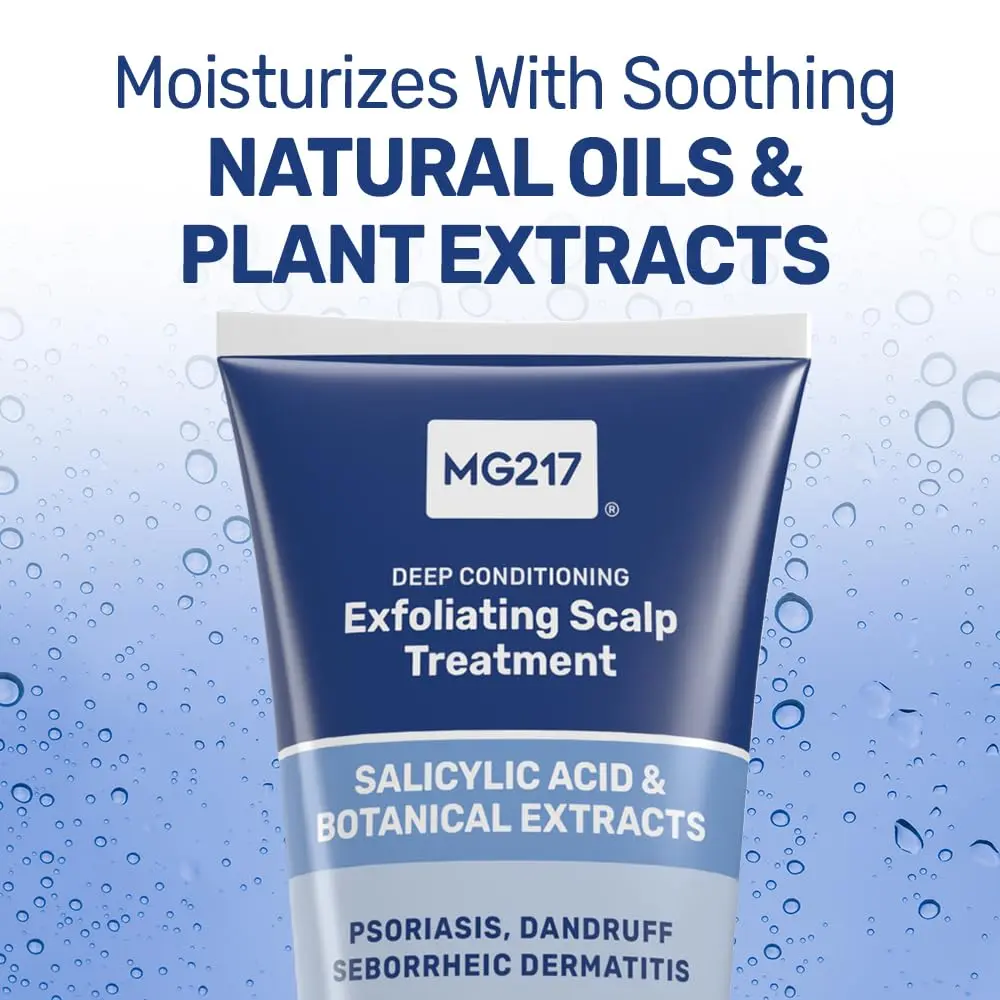 MG217 psoriasis scalp treatment with salicylic acid, hyaluronic acid, and natural oils to soothe, exfoliate, and moisturize for improved skin and hair health.