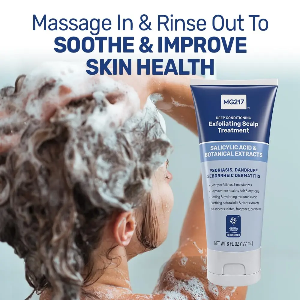 MG217 psoriasis scalp treatment with salicylic acid, hyaluronic acid, and natural oils to soothe, exfoliate, and moisturize for improved skin and hair health.
