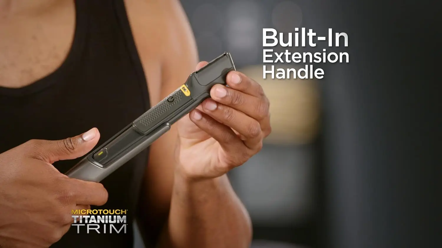 The Micro Touch Titanium Trim PRO is a rechargeable hair cutting tool and body groomer with an extendable arm, perfect for trimming hair, beards, and hard-to-reach areas like the back and shoulders.