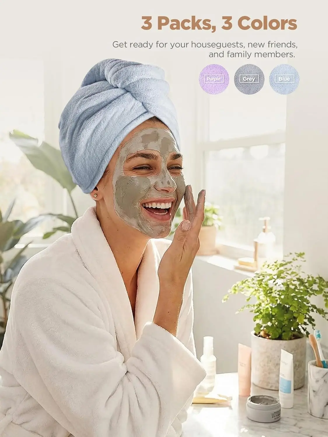 This microfiber hair towel set includes three quick-drying hair turbans in purple, blue, and grey, perfect for gently drying wet, curly, or frizzy hair.