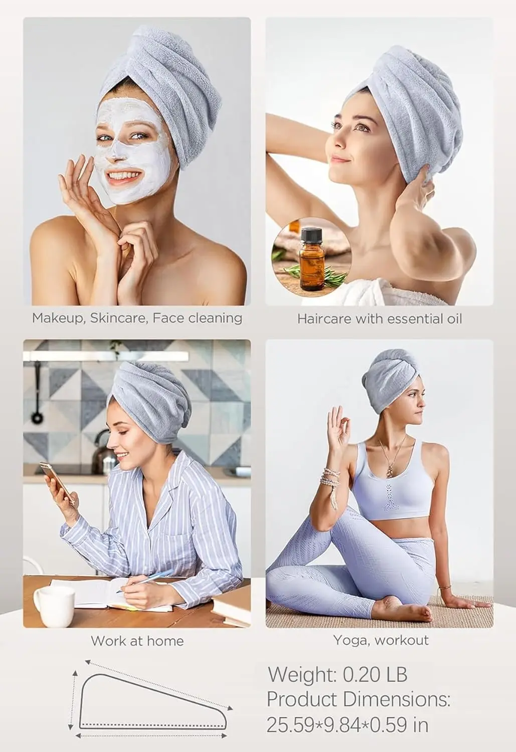 This microfiber hair towel set includes three quick-drying hair turbans in purple, blue, and grey, perfect for gently drying wet, curly, or frizzy hair.