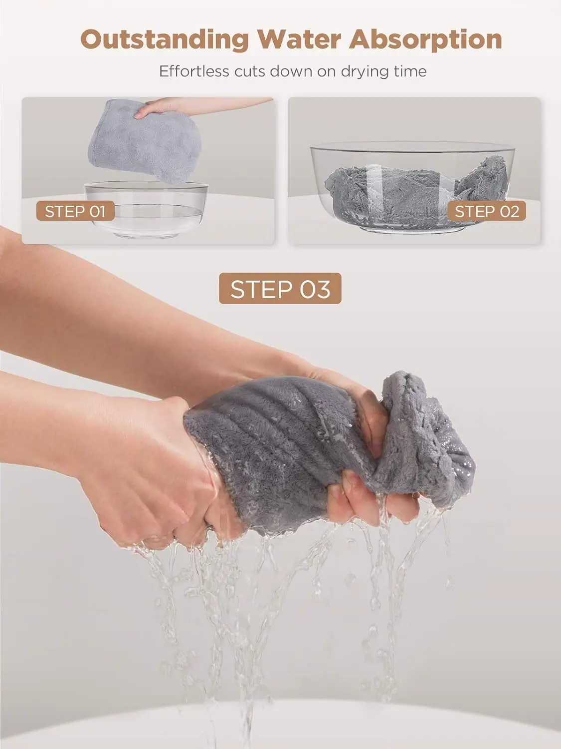 This microfiber hair towel set includes three quick-drying hair turbans in purple, blue, and grey, perfect for gently drying wet, curly, or frizzy hair.