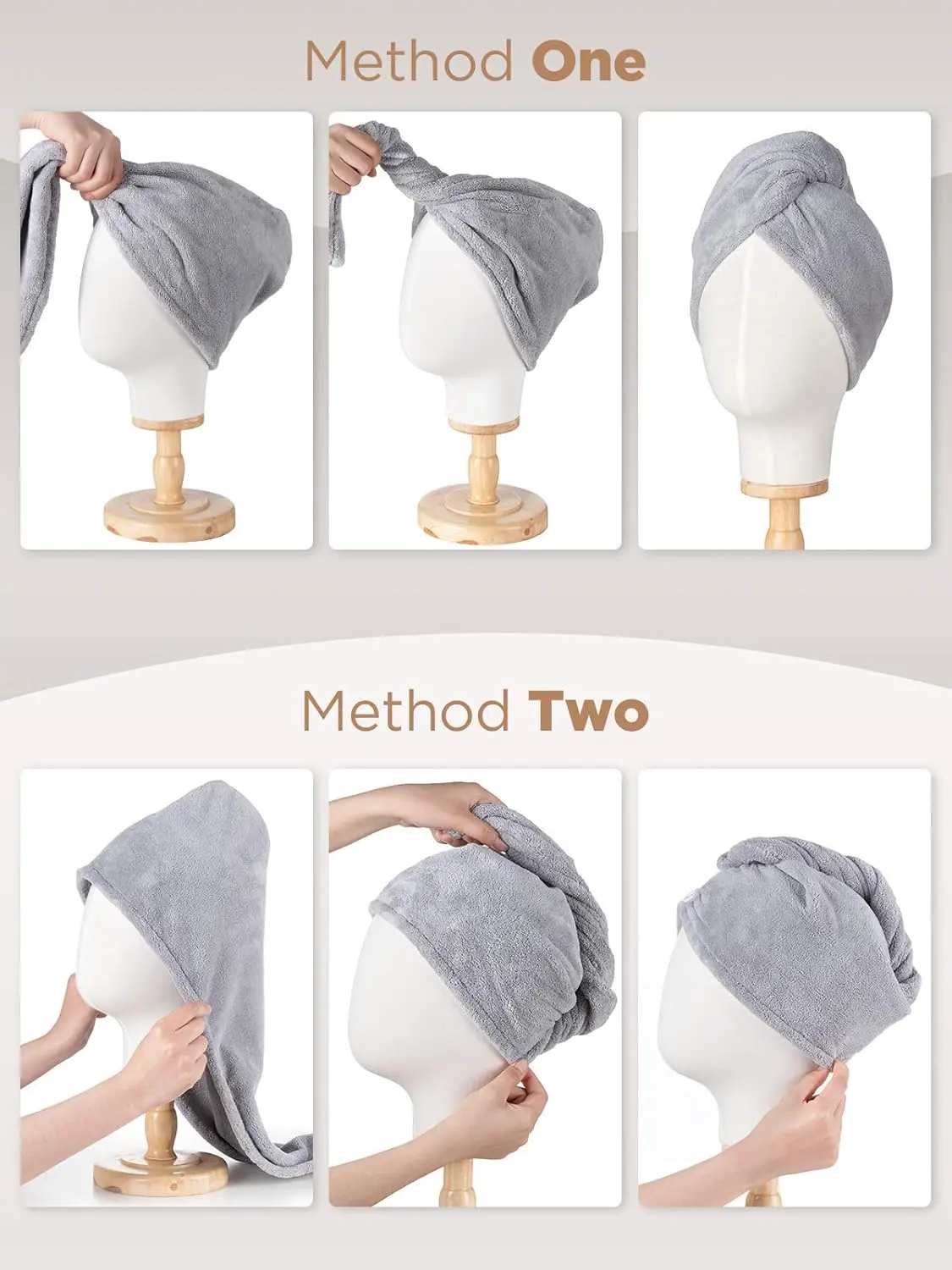 This microfiber hair towel set includes three quick-drying hair turbans in purple, blue, and grey, perfect for gently drying wet, curly, or frizzy hair.