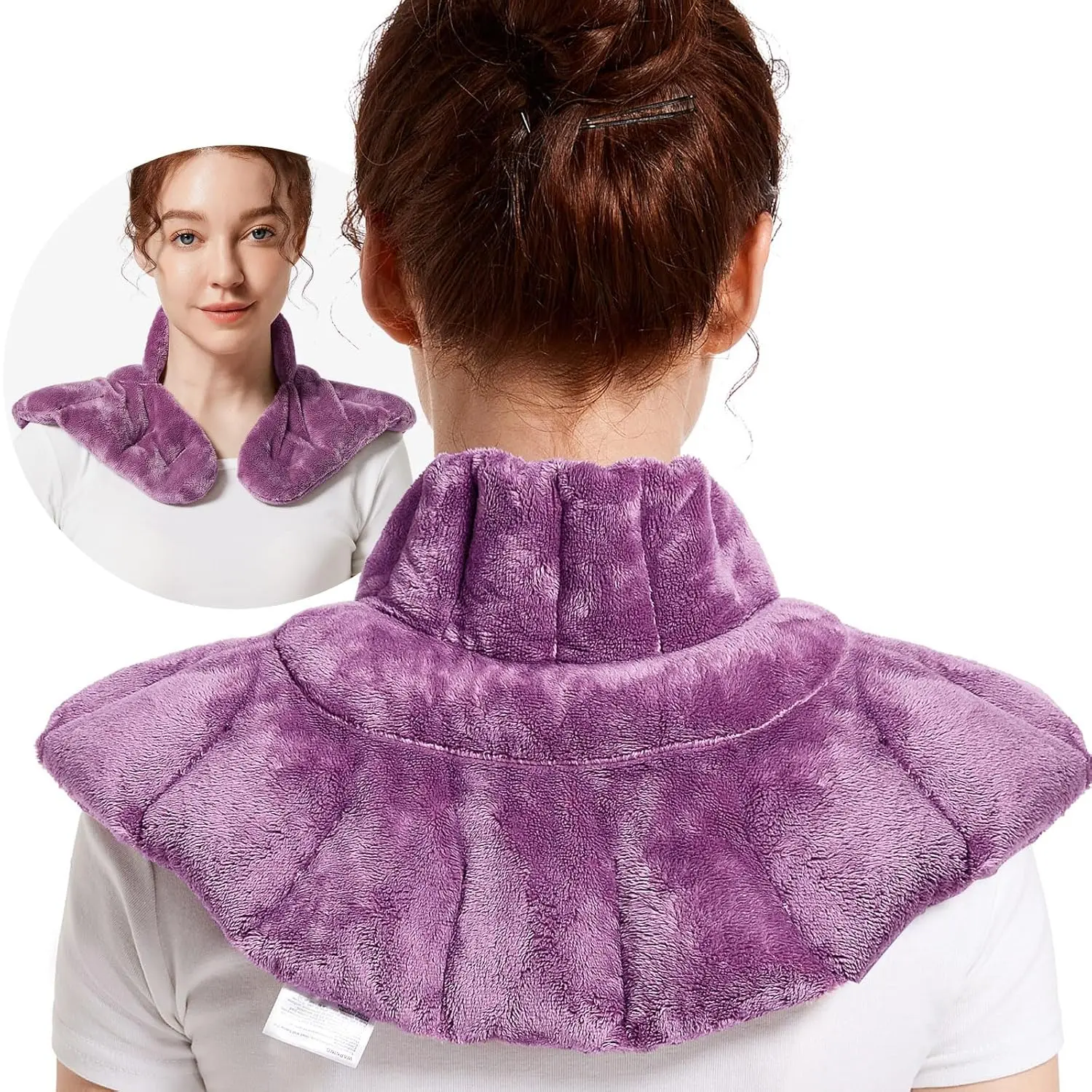 Purple lavender scented microwavable heating pad for neck and shoulder pain relief.