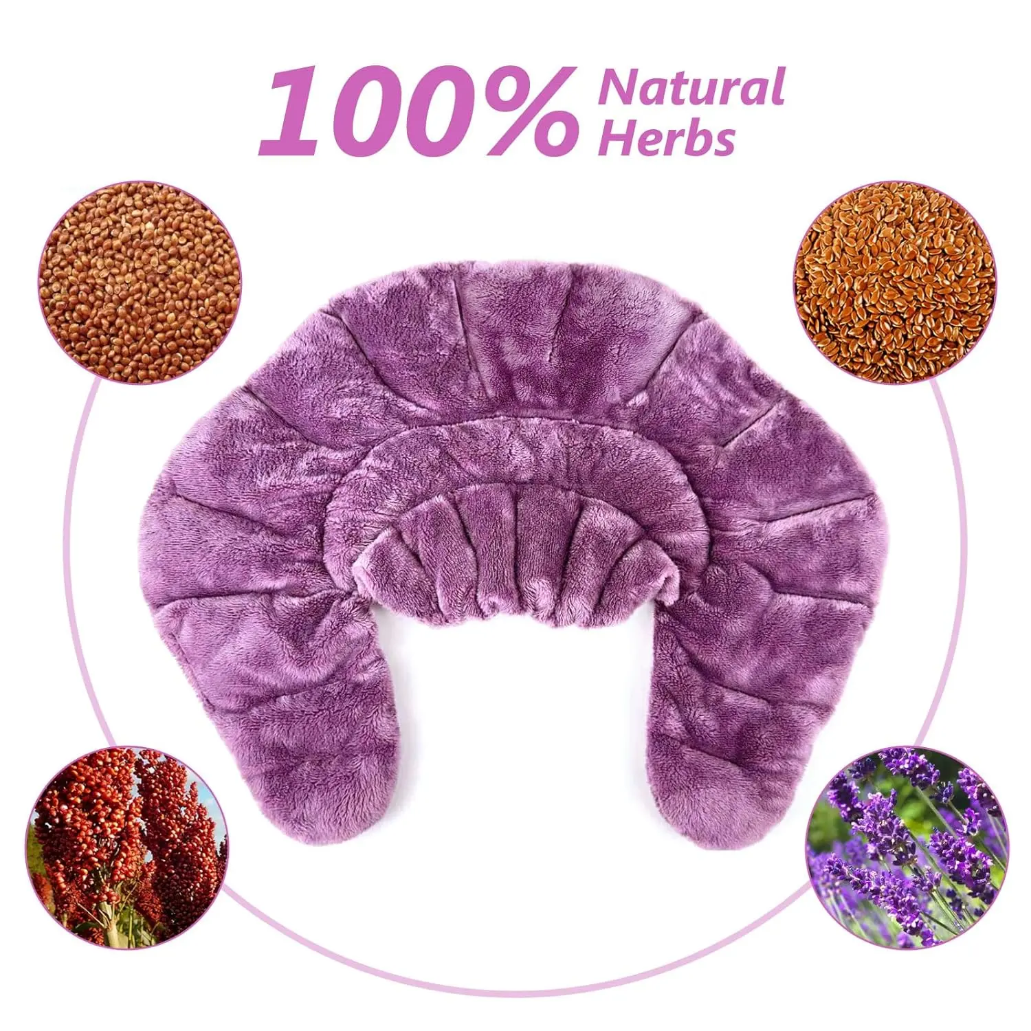 Purple lavender scented microwavable heating pad for neck and shoulder pain relief.