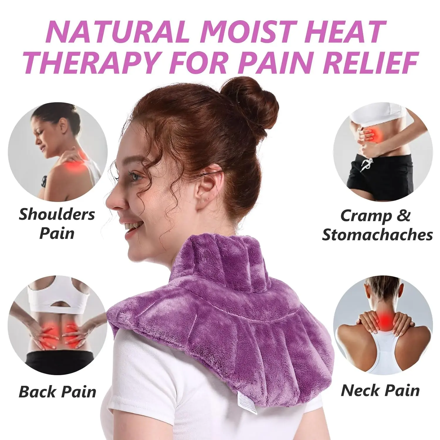 Purple lavender scented microwavable heating pad for neck and shoulder pain relief.