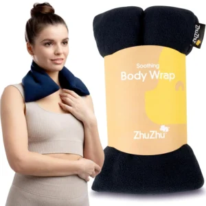 Navy fleece microwavable wheat bag providing heat therapy for neck and shoulder pain relief.