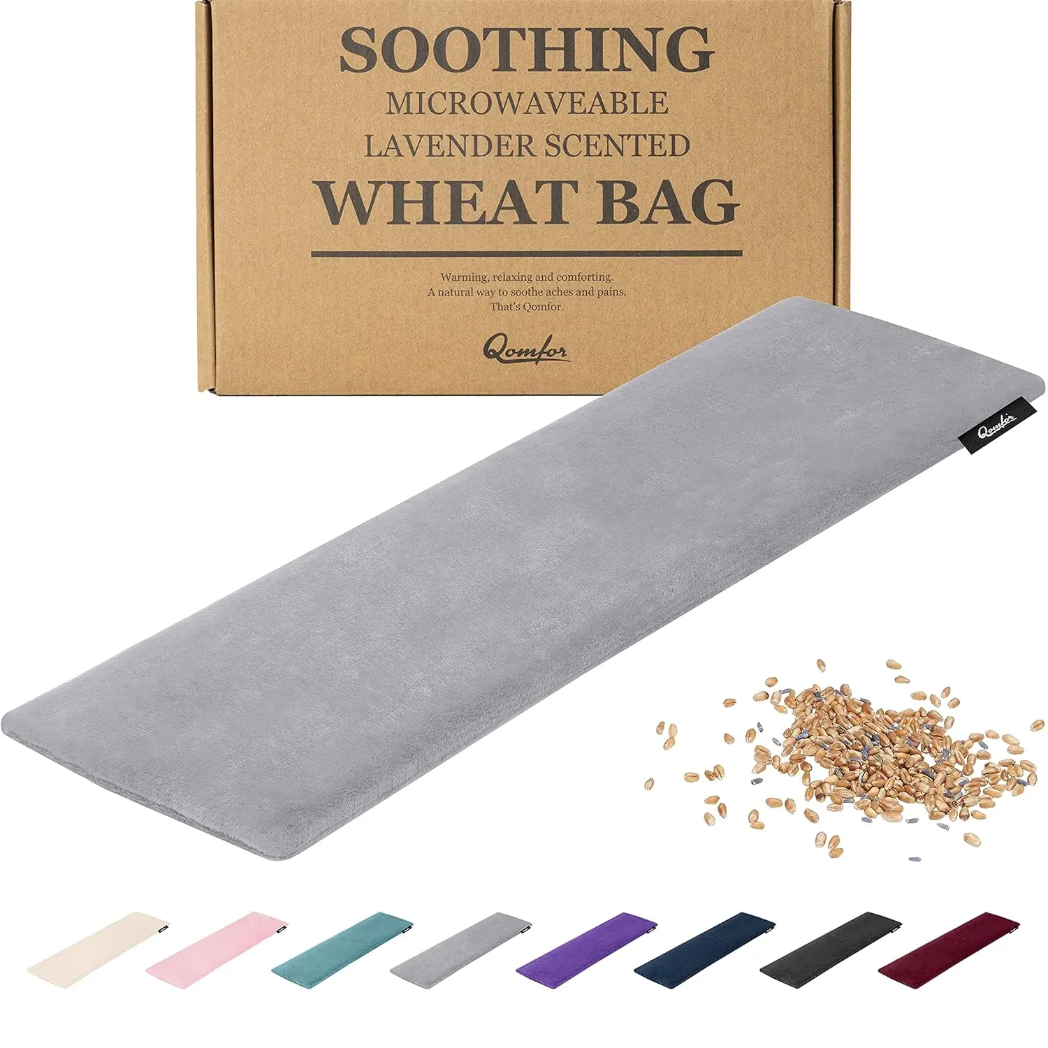 Dark grey Qomfor microwave heating pad filled with wheat and lavender providing soothing pain relief for neck, shoulders, and back.