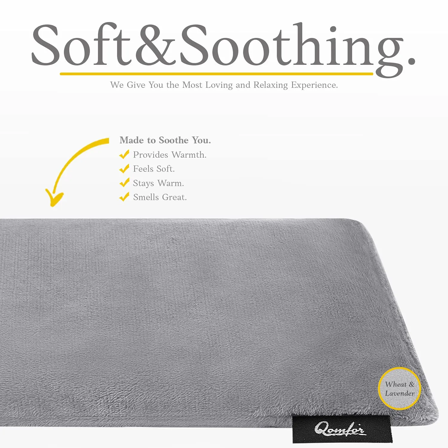 Dark grey Qomfor microwave heating pad filled with wheat and lavender providing soothing pain relief for neck, shoulders, and back.