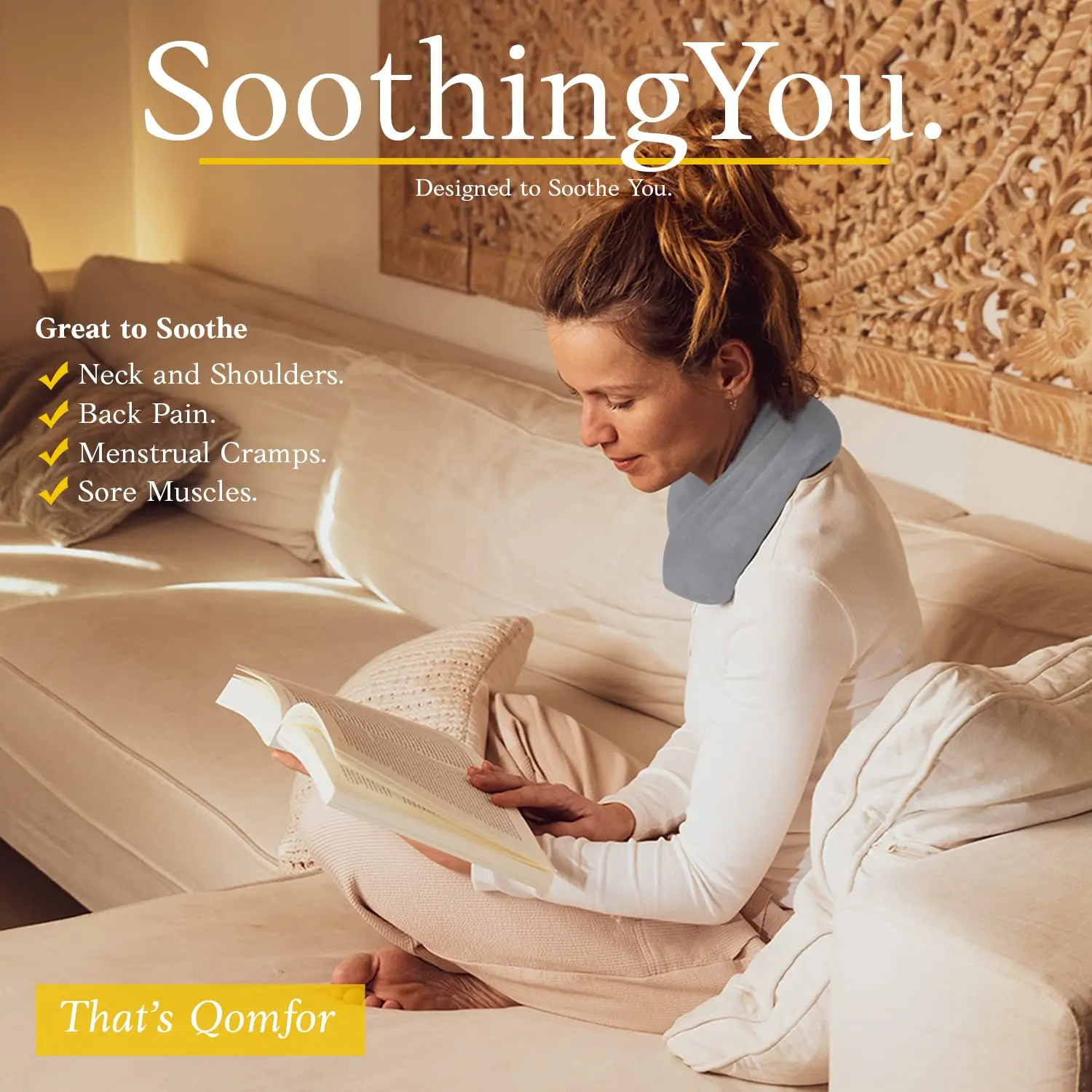 Dark grey Qomfor microwave heating pad filled with wheat and lavender providing soothing pain relief for neck, shoulders, and back.