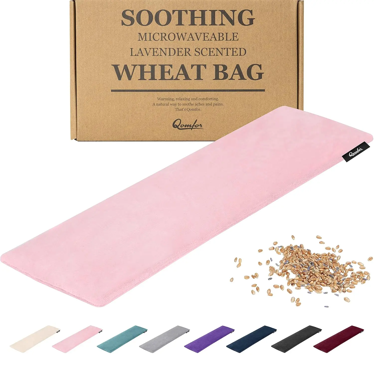 Dark grey Qomfor microwave heating pad filled with wheat and lavender providing soothing pain relief for neck, shoulders, and back.