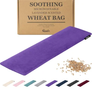 Large purple fleece microwave heating pad filled with wheat and lavender, perfect for soothing neck, shoulder, and back pain.
