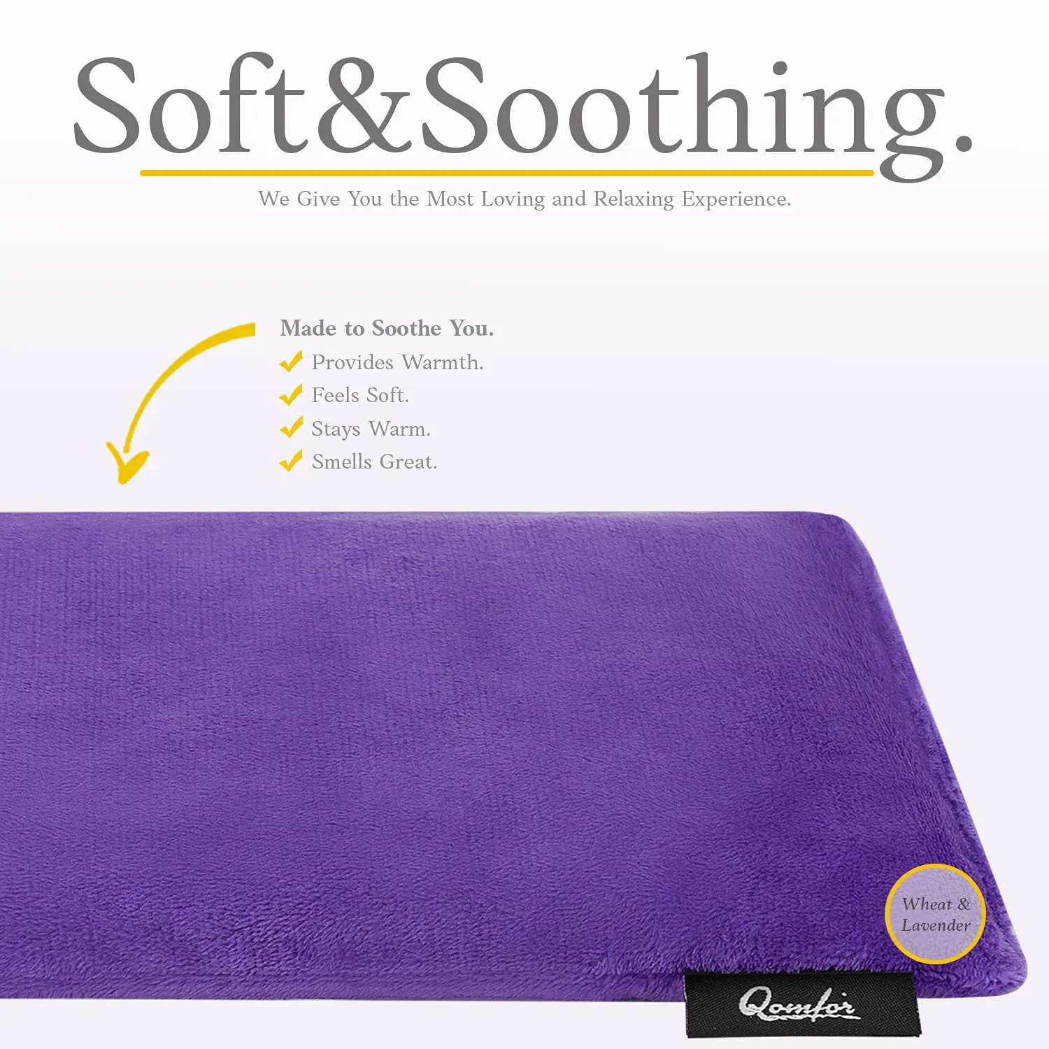 Large purple fleece microwave heating pad filled with wheat and lavender, perfect for soothing neck, shoulder, and back pain.