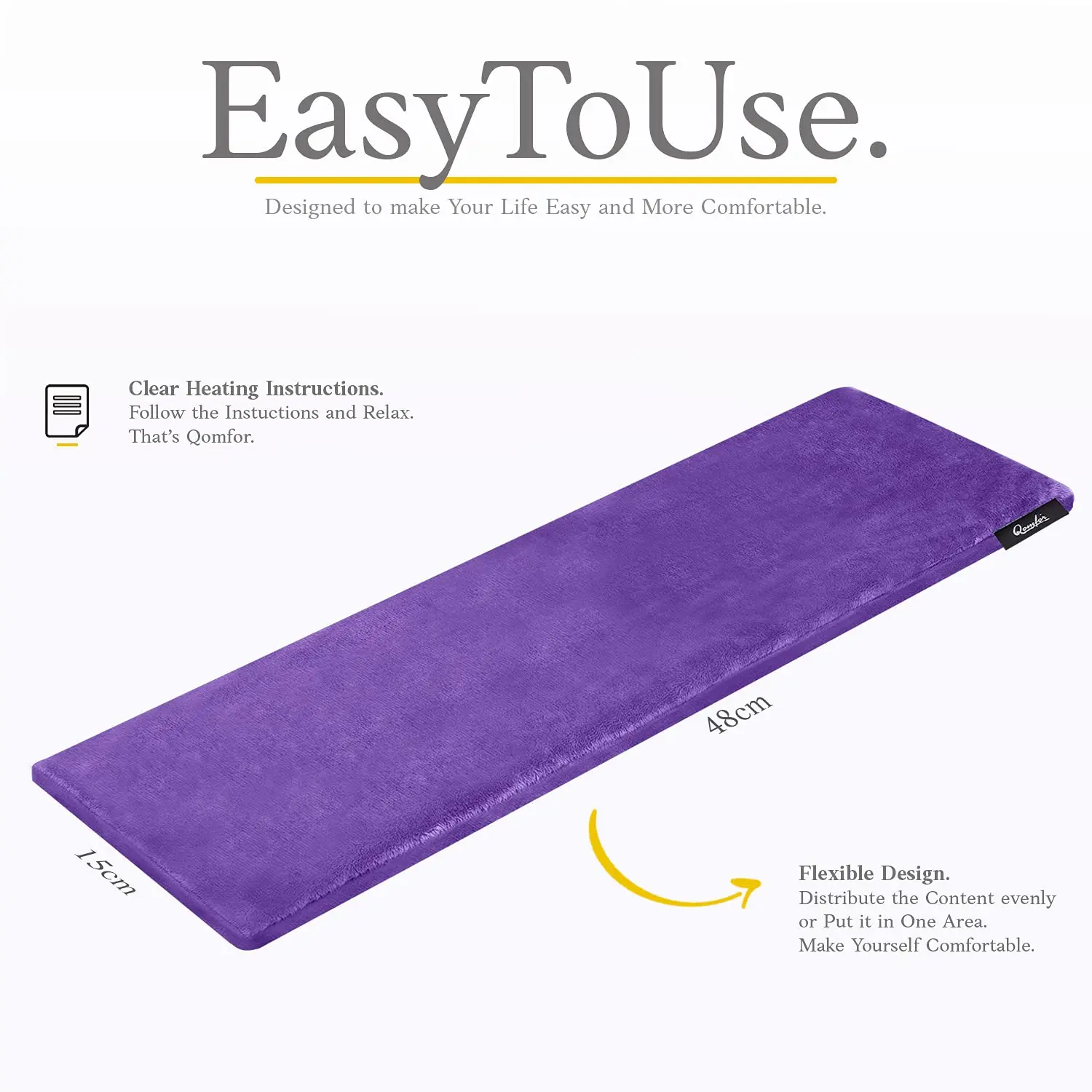 Large purple fleece microwave heating pad filled with wheat and lavender, perfect for soothing neck, shoulder, and back pain.