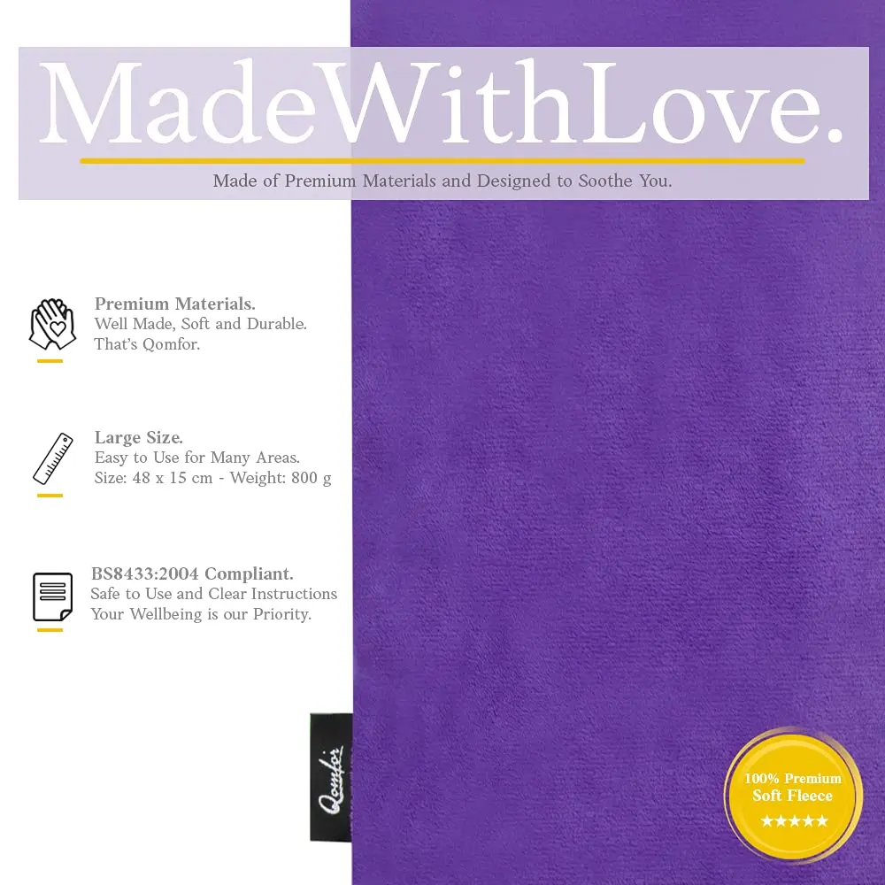 Large purple fleece microwave heating pad filled with wheat and lavender, perfect for soothing neck, shoulder, and back pain.