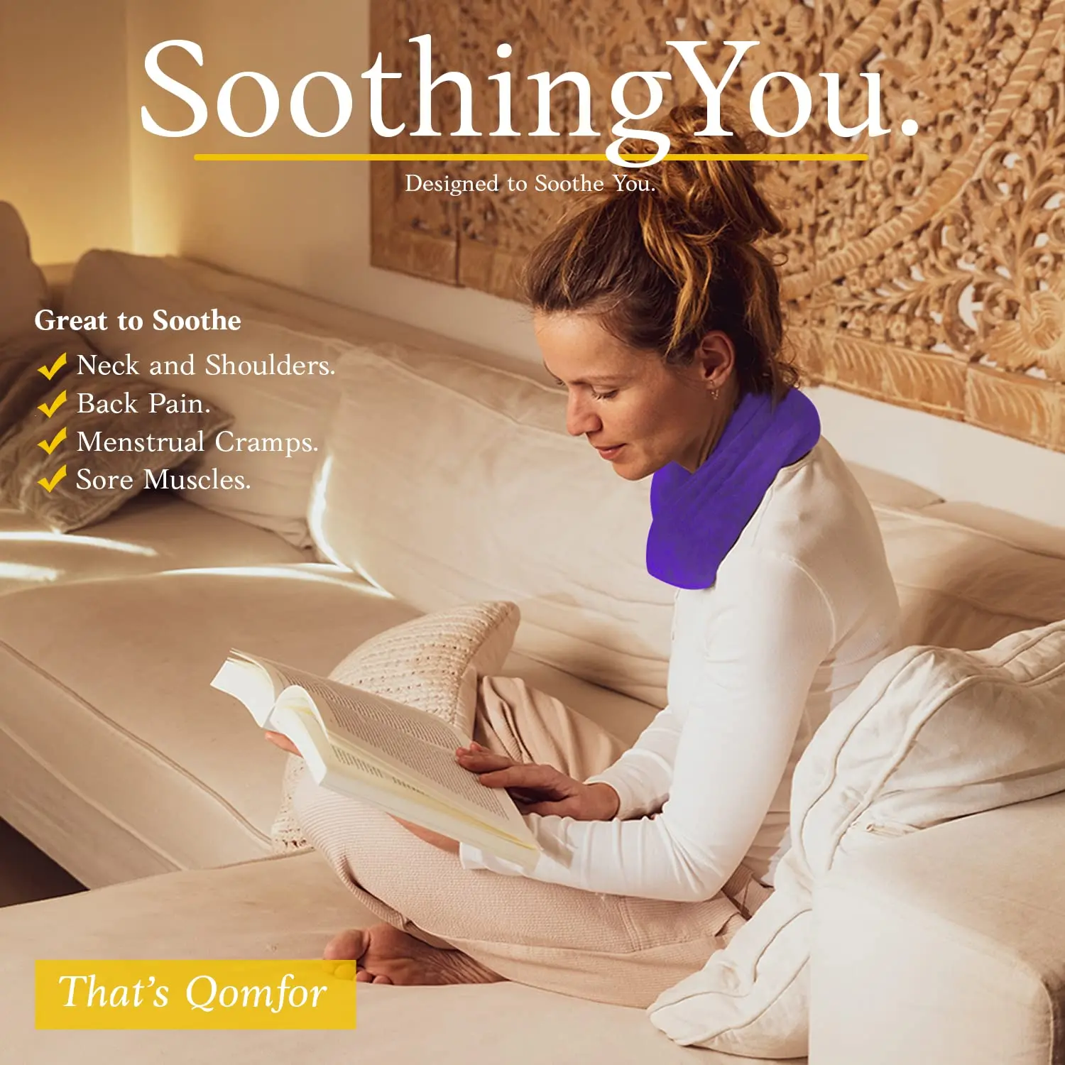 Large purple fleece microwave heating pad filled with wheat and lavender, perfect for soothing neck, shoulder, and back pain.