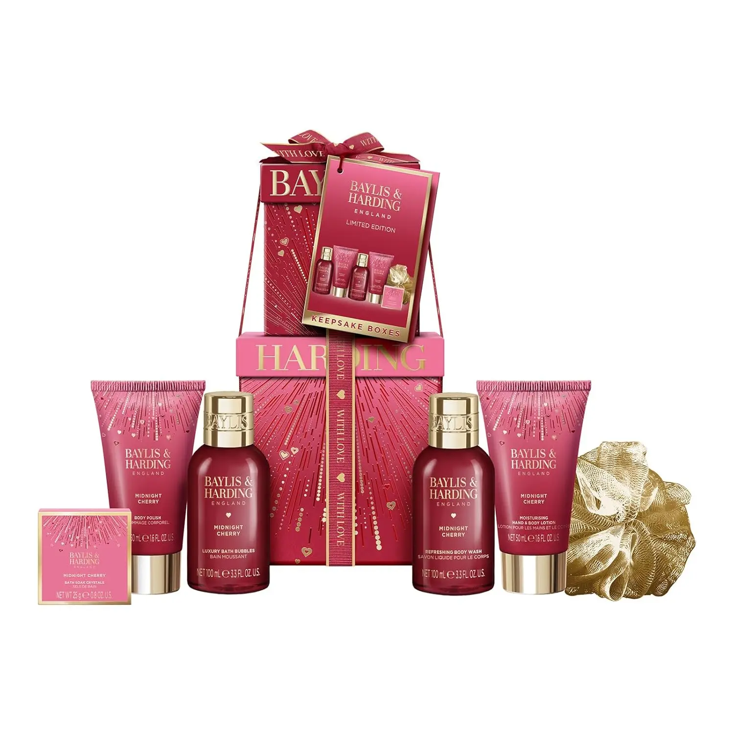 This Baylis & Harding Midnight Cherry pamper set is vegan friendly and contains body wash, bath bubbles, lotion, body polish, bath crystals and a body polisher, presented in reusable gift boxes.