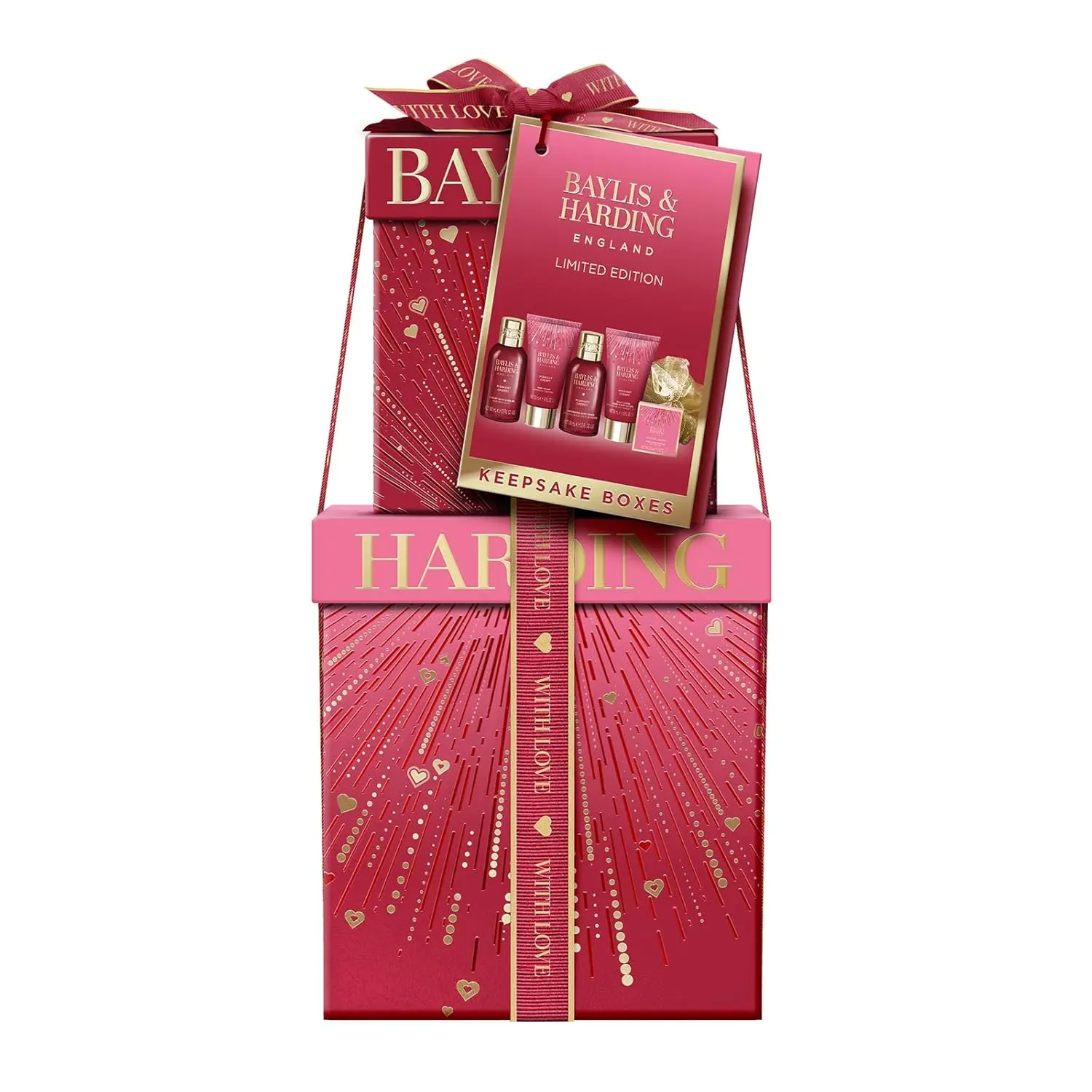 This Baylis & Harding Midnight Cherry pamper set is vegan friendly and contains body wash, bath bubbles, lotion, body polish, bath crystals and a body polisher, presented in reusable gift boxes.
