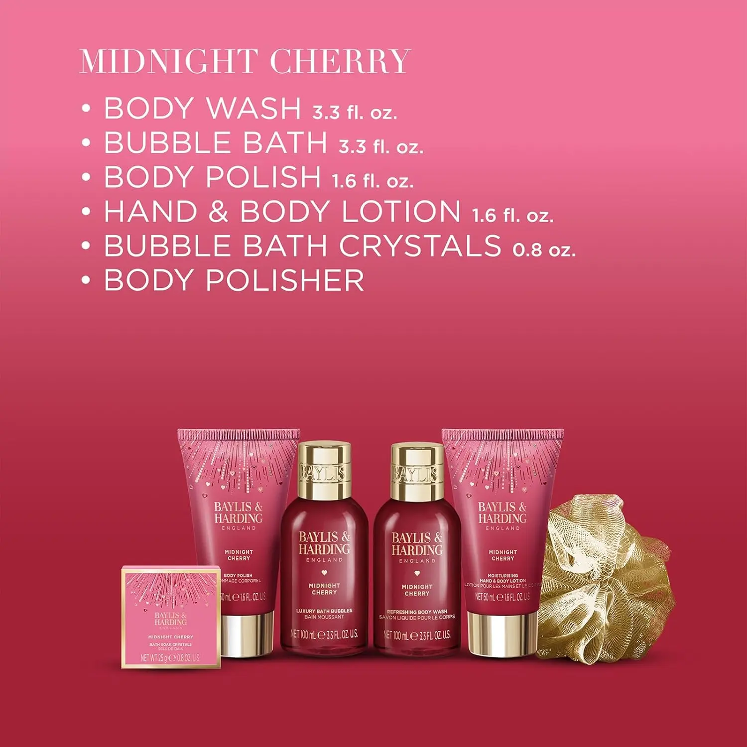 This Baylis & Harding Midnight Cherry pamper set is vegan friendly and contains body wash, bath bubbles, lotion, body polish, bath crystals and a body polisher, presented in reusable gift boxes.