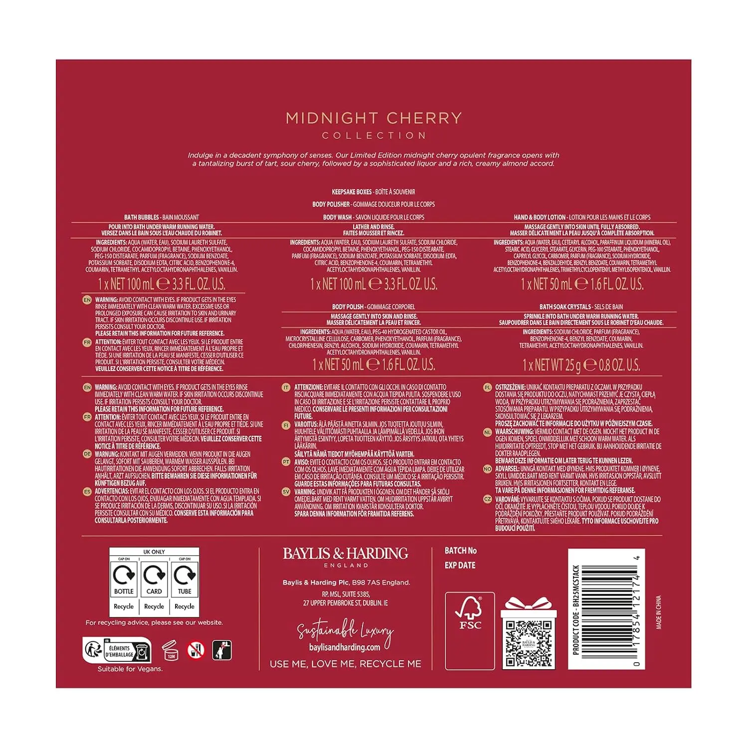 This Baylis & Harding Midnight Cherry pamper set is vegan friendly and contains body wash, bath bubbles, lotion, body polish, bath crystals and a body polisher, presented in reusable gift boxes.
