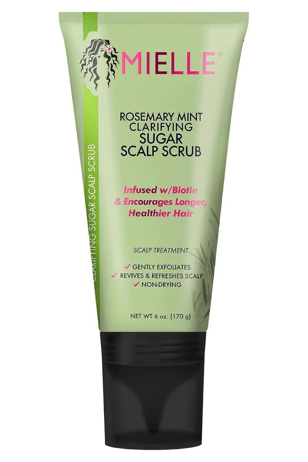 Mielle Rosemary Mint scalp scrub pre-shampoo treatment exfoliates to remove buildup and oil, leaving the scalp refreshed.