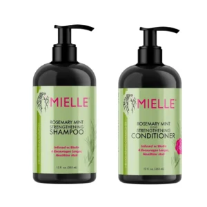 Mielle Rosemary Mint shampoo and conditioner set to nourish and strengthen dry, weak hair, encouraging growth for healthier hair and scalp.